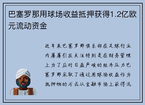 巴塞罗那用球场收益抵押获得1.2亿欧元流动资金 巴塞罗那用球场收益抵押获得1.2亿欧元流动资金